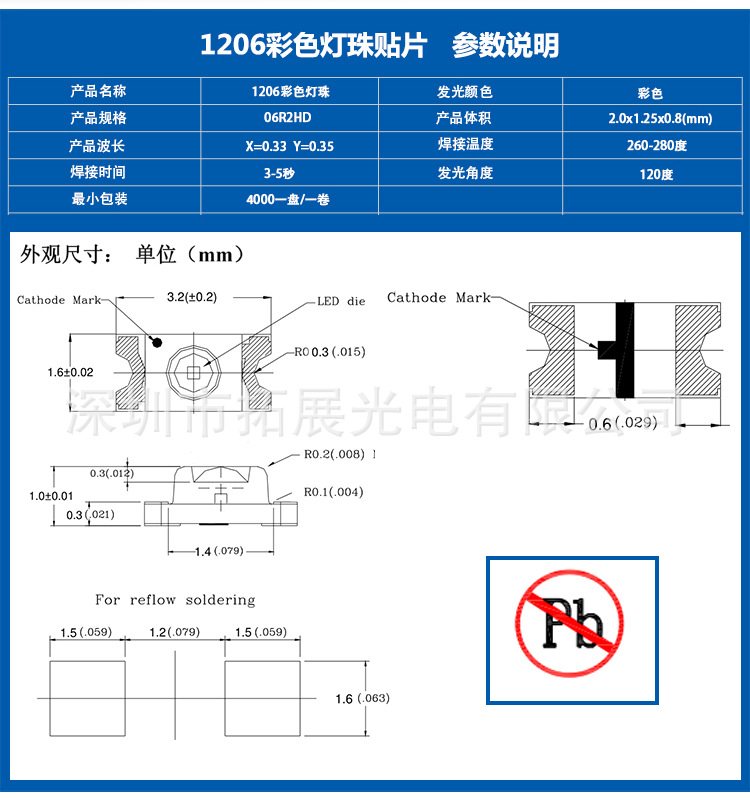 1206暖白led發光二極管參數說明